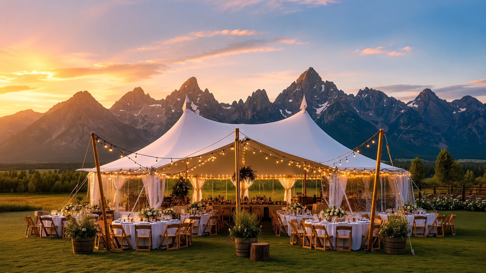 Carpa de evento de LUMINA al atardecer frente a las montañas